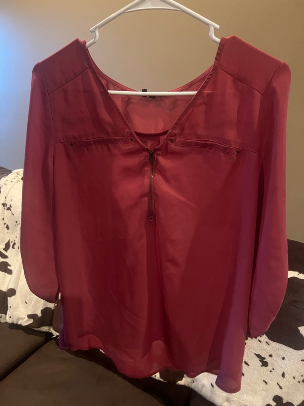 Maurices Sheer V-Neck Long Sleeve Blouse in Berry